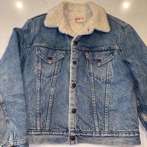 Vintage 70's Levi's Orange‎ Tab Sherpa Denim Trucker Snap Jacket Boa 42 70605
